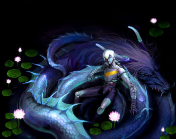 1boy blue_eyes blue_scales bodysuit commentary_request curled_up demon_(megami_tensei) digital_devil_saga dragon facial_mark glowing glowing_eyes glyph grey_armor grey_bodysuit grey_hair lily_pad long_hair looking_up male_focus marking_on_cheek partial_transformation partially_submerged pond rebasashi seiryuu_(megami_tensei) serph shin_megami_tensei short_hair sitting_on_animal tattoo water