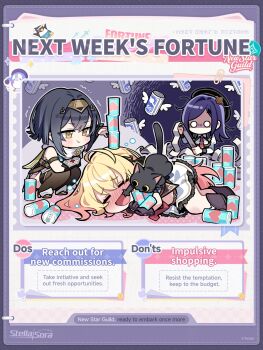 3girls ahoge amber_(stella_sora) angry banknote black_boots black_cat black_hair blonde_hair blunt_ends blush boots can can_on_head can_stack cat chibi chibi_only closed_eyes closed_mouth collared_shirt commentary drink drink_can english_commentary english_text frilled_skirt frills furious high_heel_boots high_heels highres holding holding_can holding_drink holding_paper holding_receipt iris_(stella_sora) juliet_sleeves knee_boots long_hair long_sleeves lying miniskirt money multiple_girls necktie new_star_guild_(stella_sora) nose_blush noya_(stella_sora) o_o official_art on_side paper pout puffy_sleeves purple_hair red_necktie shaded_face shirt short_hair skirt soda_can squatting stella_sora too_many_cans white_shirt white_skirt yellow_eyes