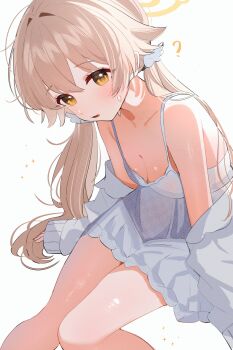 1girl ? absurdres blonde_hair blue_archive breasts chemise cleavage commentary hair_between_eyes hair_ornament halo hifumi_(blue_archive) highres jacket jacket_partially_removed long_hair looking_at_viewer low_twintails open_mouth shusuchii simple_background sitting small_breasts solo symbol-only_commentary twintails very_long_hair white_background white_chemise white_jacket wing_hair_ornament yellow_eyes yellow_halo