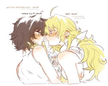 3girls animal_ears bare_arms black_hair blake_belladonna blonde_hair blush bottle cat_ears commentary drunk earrings english_commentary english_text eye_contact hand_on_another&#039;s_face highres hiru315 holding holding_bottle jewelry looking_at_another mechanical_hands multiple_girls parted_lips purple_eyes rwby shirt short_hair simple_background single_mechanical_hand sleeveless sleeveless_shirt weiss_schnee white_background white_hair yang_xiao_long yellow_eyes yuri