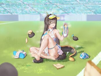 1girl absurdres barefoot black_hair bread dragon_h dragon_tail feet food gaaaaalo grass highres holding holding_shoes holding_unworn_clothes li_mo_sumi long_hair mole mole_under_eye panties pantyshot parted_lips project-sp shaded_face shoes socks soles steam striped_clothes striped_panties sweat tail toes underwear unworn_shoes unworn_socks visor_cap white_socks yellow_eyes