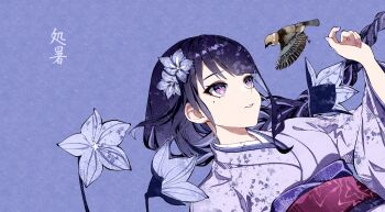 bird cha_hanare flower genshin_impact glaze_lily hair_flower hair_ornament highres japanese_clothes kimono mole mole_under_eye non-web_source purple_eyes purple_hair purple_kimono raiden_shogun romaji_text smile sparrow teeth