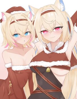 1girl 2girls :3 alternate_costume animal_ear_fluff animal_ears arms_up blue_eyes blue_streaks breasts capelet closed_mouth dog_ears dog_girl dress elbow_gloves fur-trimmed_capelet fur-trimmed_dress fur-trimmed_gloves fur_trim fuwawa_abyssgard gloves hat highres hololive hololive_english large_breasts long_hair looking_at_viewer mococo_abyssgard multicolored_hair multiple_girls narukahana open_mouth pink_eyes pink_streaks red_capelet red_gloves santa_costume santa_dress santa_hat siblings sisters small_breasts streaked_hair twins two_side_up underwear very_long_hair virtual_youtuber white_background