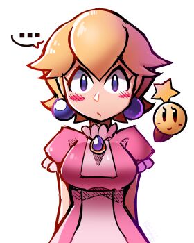 Rule 34 | ..., 1girl, absurdres, alternate hair length, alternate hairstyle, blonde hair, blush, blush stickers, breasts, bunijayy, closed mouth, commentary, dress, earrings, english commentary, eyelashes, floating, highres, jewelry, mario &amp; luigi rpg, mario (series), nintendo, no headwear, pink dress, princess peach, short hair, short sleeves, simple background, smile, speech bubble, spoken ellipsis, star (symbol), starlow, straight-on, upper body, white background