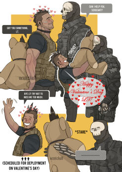 2boys absurdres asymmetrical_hair black_choker black_hair black_jacket black_pants bulletproof_vest call_of_duty call_of_duty:_modern_warfare_2 choker english_text facial_hair ghost_(modern_warfare_2) gun happy_valentine highres holding holding_gun holding_stuffed_toy holding_weapon ives_navarro jacket male_focus mask multiple_boys muscular muscular_male pants short_hair sidecut skull_mask smile soap_(modern_warfare_2) stuffed_animal stuffed_toy teddy_bear teeth undercut weapon yaoi