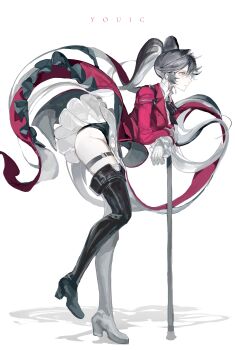 1girl absurdres alternate_costume black_boots black_hair black_ribbon boots cane coat collared_shirt floating_clothes floating_hair from_side full_body gloves groin highres holding holding_cane invisible_floor leaning_on_object leotard leotard_under_clothes long_hair looking_ahead lucia_(pgr) neck_ribbon pleated_skirt punishing:_gray_raven red_coat red_eyes ribbon shirt skirt solo standing tailcoat thigh_boots thigh_strap twintails white_gloves white_shirt zhnjicis1676071