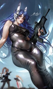 3girls absurdres assault_rifle black_bra black_dress black_panties blue_hair bra breasts brown_hair commentary dress girls'_frontline gun hair_between_eyes highres holding holding_gun holding_weapon large_breasts lips long_hair looking_at_viewer moonlen-jack multiple_girls panties ponytail rifle robot_ears see-through_clothes see-through_dress solo_focus tar-21_(girls'_frontline) underwear very_long_hair weapon yellow_eyes