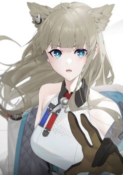 1girl absurdres animal_ears blue_eyes breasts bright_pupils brown_hair coat gloves hand_up highres large_breasts looking_at_viewer off_shoulder open_clothes open_coat open_mouth original raitho shirt simple_background sleeveless sleeveless_shirt solo two-tone_gloves upper_body v-shaped_eyebrows white_background white_shirt wispy_bangs yellow_pupils