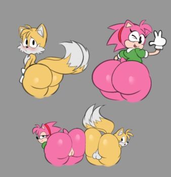 1boy 1girl amy_rose artist_request ass furry huge_ass shota simple_background sonic_(series) tails_(sonic)