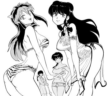 4girls absurdres animal_print apron armlet ass bare_shoulders bb_(baalbuddy) bikini braid breasts broom china_dress chinese_clothes cleavage commentary cone_horns creator_connection dress english_commentary female_focus greyscale highleg highleg_dress highres holding holding_broom horns jewelry large_breasts long_hair looking_at_viewer lum maison_ikkoku monochrome multiple_girls open_mouth otonashi_kyouko piyo_piyo_apron ponytail print_bikini ranma-chan ranma_1/2 shampoo_(ranma_1/2) short_shorts shorts side_slit sidelocks simple_background sleeveless sleeveless_dress smile swimsuit tiger_print underboob urusei_yatsura