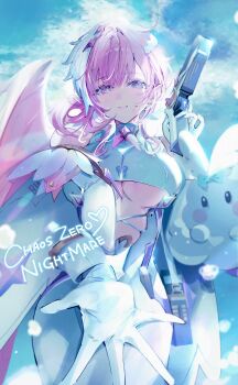 1girl angel angel_wings bag blush bow breasts chaos_zero_nightmare closed_mouth clothing_cutout cloud commentary copyright_name diana_(chaos_zero_nightmare) dress english_commentary fake_wings flower-shaped_pupils gloves gun hair_ornament handbag heart highres holding holding_gun holding_weapon long_hair looking_at_viewer multicolored_hair open_hand outstretched_hand pink_eyes pink_hair pointy_ears reaching reaching_towards_viewer shia_job single_wing sky smile spread_fingers streaked_hair symbol-shaped_pupils two-tone_hair underboob underboob_cutout weapon white_dress white_gloves white_hair wings