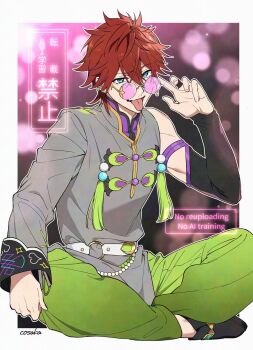 Rule 34 | 1boy, :p, adjusting eyewear, amagi rinne, artist name, asymmetrical clothes, belt, black bridal gauntlets, blue eyes, border, bridal gauntlets, chinese clothes, crossed bangs, ear piercing, earrings, ensemble stars!, glasses, green pants, grey shirt, hair between eyes, hand up, highres, jewelry, lens flare, long sleeves, looking at viewer, lunapont, male focus, mandarin collar, o-ring, o-ring belt, official alternate costume, open mouth, outside border, pants, perplex (ensemble stars!), piercing, purple-tinted eyewear, red hair, round eyewear, shirt, short hair, single bridal gauntlet, single sleeve, sitting, smile, solo, stud earrings, tassel, tinted eyewear, tongue, tongue out, watermark, white belt, white border