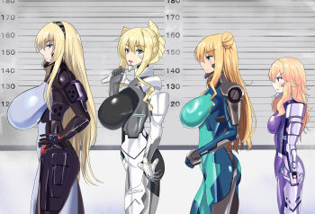 4girls armored_bodysuit bernadette_le_tigre_de_la_riviere blonde_hair bodysuit breast_envy breasts bust_chart commission fortified_suit height_chart height_difference highres ilfriede_von_feulner impossible_bodysuit impossible_clothes irisdina_bernhard lilia_kjellberg long_hair mecha_pilot_suit multiple_girls muv-luv muv-luv_alternative muv-luv_unlimited:_the_day_after pixiv_commission schwarzesmarken takara_joney the_euro_front