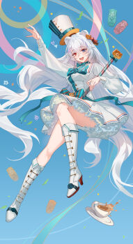 Rule 34 | 1girl, absurdres, animal ears, arknights, bear ears, bear girl, bear hair ornament, blue eyes, boots, bow, bowtie, chest bow, commentary, crossed bangs, cup, dress, frilled dress, frills, green bow, green bowtie, hair ornament, hat, heterochromia, high heels, highres, holding, holding staff, hongbaise raw, knee boots, long hair, long sleeves, looking at viewer, official alternate costume, open mouth, red eyes, rosa (arknights), rosa (forever together) (arknights), solo, staff, striped bow, striped bowtie, striped clothes, teacup, top hat, very long hair, white boots, white dress, white hair, white hat