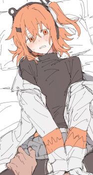 1boy 1girl a.i._voice adachi_rei azuma_shino bed black_sweater blush clothed_sex clothes_lift hand_on_another&#039;s_thigh implied_sex jacket lying on_back on_bed orange_eyes orange_hair pantyhose ribbon side_ponytail sketch skirt skirt_lift sweat sweater thigh_grab torn_clothes turtleneck vocaloid white_ribbon