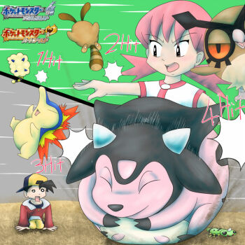 1boy 1girl camee cyndaquil ethan_(pokemon) gen_2_pokemon hoothoot mareep miltank nintendo pink_hair pokemon pokemon_gsc sentret whitney_(pokemon)
