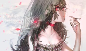 1girl absurdres addiction black_hair black_nails bleeding blood blurry blurry_background breasts bridal_veil choker cigarette cleavage closed_mouth depth_of_field dress english_text fingernails from_side hair_between_eyes hand_up highres holding holding_cigarette hoojiro large_breasts long_hair looking_at_viewer looking_to_the_side nail_polish original red_choker red_eyes smoke solo symbolism veil