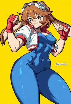 1girl absurdres animal_ears artist_name blue_bodysuit bodysuit breasts bright_pupils brown_eyes brown_hair clenched_hands closed_mouth commentary covered_erect_nipples cowboy_shot fingerless_gloves gloves goggles goggles_on_head hands_up highres jacket komatsuki_n looking_at_viewer makihara_arina medium_breasts open_clothes open_jacket rabbit_ears rabbit_girl red_gloves short_sleeves simple_background smile solo twitter_username waku_waku_7 white-framed_eyewear white_jacket white_pupils yellow_background