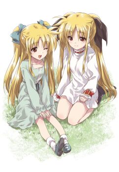 Rule 34 | 2girls, ;d, alicia testarossa, black footwear, blonde hair, boots, bow, closed mouth, commentary request, dress, fate testarossa, grass, green bow, green dress, green footwear, green ribbon, hair bow, hair ribbon, highres, kneeling, kuroi mimei, long hair, long sleeves, looking at another, lyrical nanoha, mahou shoujo lyrical nanoha, medium dress, multiple girls, one eye closed, open mouth, red eyes, ribbon, shoes, short dress, siblings, side-by-side, sisters, sitting, smile, socks, white background, white dress, white legwear