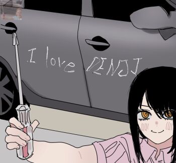 1girl aze_chainsawman black_hair car chainsaw_man closed_mouth denji_(chainsaw_man) grey_car holding holding_screwdriver light_blush looking_at_viewer motor_vehicle nayuta_(chainsaw_man) pink_shirt reference_inset ringed_eyes screwdriver shirt smile solo yellow_eyes