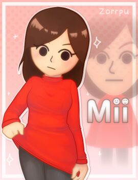 1girl artist_name black_pantyhose blush border brown_hair closed_mouth clothes_lift dress dress_lift eyelashes hashtag-only_commentary highres lifting_own_clothes long_sleeves mii_(nintendo) nintendo outline outside_border pantyhose projected_inset red_dress solid_eyes solo sparkle white_outline zorrpu