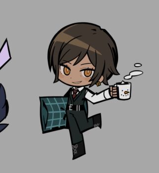 Rule 34 | 1girl, black boots, black pants, black vest, boots, chibi, collared shirt, commentary, cup, dated commentary, full body, grey background, holding, holding cup, limbus company, necktie, official art, outis (project moon), pants, project moon, red necktie, shirt, simple background, solo, symbol-only commentary, vest, white shirt