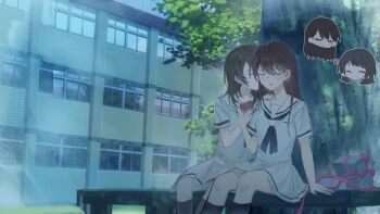 2girls bang_dream! bang_dream!_it's_mygo!!!!! black_hair black_socks blue_neckerchief blue_shirt box chair closed_eyes gift gift_box hair_behind_ear hanasakigawa_school_uniform hand_on_chair hand_up highres holding long_hair multiple_girls neckerchief red_ribbon ribbon sailor_collar school school_uniform shiina_taki shirt sitting skirt socks tree trileo405 white_sailor_collar white_skirt yahata_umiri yuri