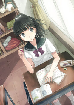 1girl bad_id bad_pixiv_id black_eyes black_hair blunt_bangs book bow desk dutch_angle female_focus long_hair original ponytail sailor_collar school_uniform serafuku short_sleeves sitting socks solo white_socks yakka