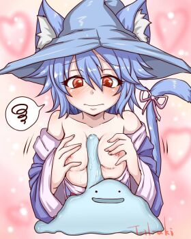 Rule 34 | 1girl, 1other, animal ear fluff, animal ears, artist name, bishop (masterbishop), blue hair, blush, borrowed character, breasts, breasts squeezed together, cat ears, cat tail, character check, clothes lift, collarbone, ditto, gen 1 pokemon, gen 4 pokemon, gradient background, hair between eyes, hat, heart, looking down, mismagius, naizuri, nintendo, nipples, paizuri, pink background, pokemon, red eyes, ribbon, slime (creature), slime (substance), small breasts, smile, tagme, tail, tail-aki, tail ornament, tail ribbon, topless, witch hat, worried