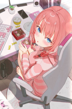 1girl absurdres black_ribbon blue_eyes blush box box_of_chocolates braid breasts cellphone chair computer_keyboard computer_mouse controller cup fingernails food from_above game_controller hair_ribbon highres holding holding_cup hololive hood hoodie hot_chocolate large_breasts legs long_hair long_sleeves looking_back marshmallow microphone monitor mug nail_polish open_mouth phone pink_hair pink_hoodie pink_nails plant plate ribbon signature slippers smartphone solo spoon striped_clothes striped_hoodie swivel_chair takane_lui takion unworn_slippers upturned_eyes virtual_youtuber zipper