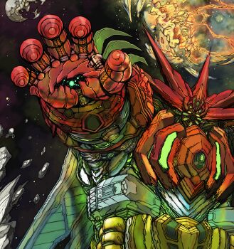 armor commentary debris destroyed getter_emperor getter_robo getter_robo_arc green_light hand_up highres horns looking_at_viewer mecha mecha_focus multicolored_armor multiple_horns outstretched_hand planet reaching reaching_towards_another red_armor robot solo space super_robot upper_body white_armor yamanushi yellow_armor yellow_eyes