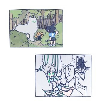 Rule 34 | 105zz, aged down, animalization, bandaged leg, bandages, barefoot, black hair, black shorts, blue shirt, border, cage, clipboard, dog, final fantasy, final fantasy vii, final fantasy vii: ever crisis, forest, green eyes, grey hair, holding, holding clipboard, holding stick, hospital gown, in cage, intravenous drip, lab coat, male focus, multiple boys, nature, scientist, sephiroth, sephiroth (ever crisis), shirt, shoes, shorts, sitting, slit pupils, sneakers, stick, white border, wolf, zack fair