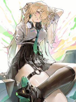 1girl aqua_necktie arm_behind_head arm_up black_skirt black_socks blonde_hair breasts commentary earrings figure_four_sitting grin hair_over_one_eye headphones headphones_around_neck highres id_card jewelry long_hair looking_at_viewer lynae_(wuthering_waves) medium_breasts necktie okoge_(koge_chan) purple_eyes shirt shirt_tucked_in sitting skirt smile socks solo star_(symbol) star_earrings white_shirt wuthering_waves