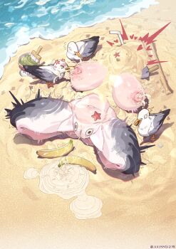 1girl absurdres anger_vein artist_name banana beach bird biting bodypaint borrowed_character breasts commentary completely_nude drawn_on_eyes drinking_straw english_commentary exhibitionism food fruit heart highres lactation large_breasts navel nipple_biting nipple_stimulation nipples nude ocean original outdoors paint_can paintbrush partially_buried pee_puddle peeing public_indecency pussy sand seagull solo spread_legs starfish thighs uncensored variant_set water what xiangxiangbushixiang_12138