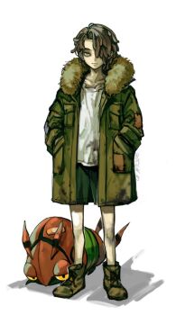 1boy aged_down alternate_costume alternate_hair_length alternate_hairstyle ankle_boots bandaid black_hair boots brown_boots bruise bruise_on_knee bruise_on_leg child coat corbeau_(pokemon) expressionless full_body gen_5_pokemon green_coat green_shorts hair_intakes hair_over_one_eye hands_in_pockets injury looking_at_viewer male_focus mmm_unicorn nintendo no_eyewear patchwork_clothes pokemon pokemon_(creature) pokemon_legends:_z-a shirt shorts stained_clothes tsurime venipede white_shirt yellow_eyes