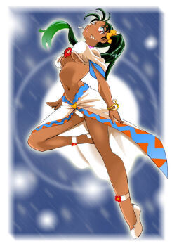 1girl breasts brown_eyes dark-skinned_female dark_skin earrings green_hair jean_(lunar) jewelry long_hair looking_at_viewer lunar lunar_2:_eternal_blue medium_breasts mole mole_under_mouth navel onnaski panties side_ponytail solo underboob underwear white_panties