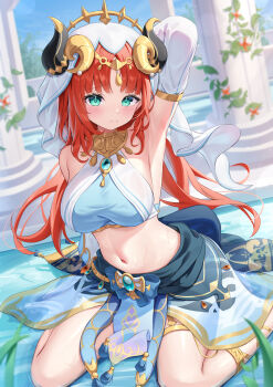 1girl absurdres aqua_eyes armpits arms_up blue_gemstone blush breasts circlet closed_mouth commentary_request crop_top dancer detached_sleeves fake_horns gem genshin_impact gold_trim harem_outfit highres horns jewelry kag_tsukimi long_hair long_sleeves looking_at_viewer medium_breasts midriff navel neck_ring nilou_(genshin_impact) orange_hair puffy_long_sleeves puffy_sleeves sitting solo stomach sweat thighlet thighs veil wariza white_veil