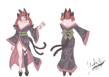1girl :p absurdres adapted_costume animal_ear_fluff animal_ears asymmetrical_legwear back_bow bangle bare_shoulders black_bow black_thighhighs blunt_bangs blush bow bracelet breasts cat_ears cat_tail cleavage collarbone fingernails full-face_blush full_body geta green_bow green_nails grey_kimono hair_bow hair_ribbon highres japanese_clothes jewelry kaenbyou_rin kimono large_breasts long_fingernails long_hair long_sleeves looking_at_viewer multiple_tails multiple_views nail_polish nekomata obi outstretched_arm platform_clogs red_eyes red_hair ribbon sash senmura sharp_fingernails simple_background single_thighhigh sleeves_past_fingers sleeves_past_wrists standing tail thighhighs tongue tongue_out touhou tress_ribbon two_tails v-shaped_eyebrows white_background wide_sleeves