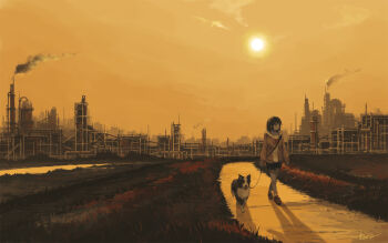 1girl artist_name black_hair black_shorts brown_jacket dog evening factory grass highres holding holding_leash jacket kensight328 leash original path pet_walking road short_hair shorts sky smoke solo sun walking yellow_sky yellow_theme