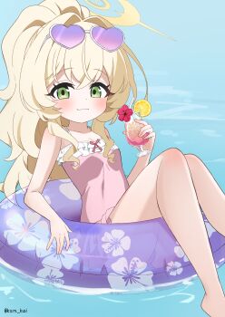 1girl :3 \||/ absurdres alternate_costume artist_name bare_arms bare_legs bare_shoulders barefoot blonde_hair blue_archive blue_background blush breasts casual_one-piece_swimsuit closed_mouth commentary_request cup dot_nose drink drinking_glass drinking_straw eyewear_on_head feet_out_of_frame floral_print flower fluffy_hair food frilled_one-piece_swimsuit frills fruit gradient-tinted_eyewear green_eyes hair_intakes halo heart heart-shaped_eyewear hibiscus hibiscus_print high_ponytail highres holding holding_cup holding_drink ice ice_cube innertube juice kashima_(ksm_kai) knees_together_feet_apart lemon lemon_slice long_hair looking_at_viewer official_alternate_hairstyle on_innertube on_water one-piece_swimsuit pink_one-piece_swimsuit poco_grande_glass ponytail print_innertube professor_niyaniya_(blue_archive) purple-tinted_eyewear reclining red_flower small_breasts smile solo swim_ring swimsuit tareme tinted_eyewear twitter_username white-framed_eyewear yellow_halo