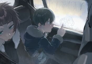 2boys black_shirt blue_jacket blue_lock brown_jacket car child frost fur_trim green_eyes green_hair highres inuinoeokiba itoshi_rin itoshi_sae jacket male_focus motor_vehicle multiple_boys open_mouth seatbelt shirt siblings