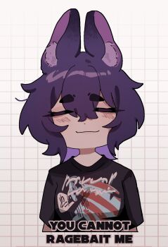 1girl animal_ears chibi closed_eyes commentary english_commentary english_text highres ny_000a original shirt simple_background smug t-shirt