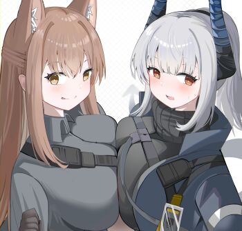2girls :p absurdres animal_ear_fluff animal_ears arknights black_shirt blue_jacket blush breast_press breasts bright_pupils brown_eyes brown_hair closed_mouth collared_shirt dragon_girl dragon_horns fox_ears fox_girl franka_(arknights) grey_hair highres horns jacket large_breasts liskarm_(arknights) long_hair multiple_girls open_clothes open_jacket shirt short_hair sidelocks smile spam_(spamham4506) strap sweat symmetrical_docking tongue tongue_out white_background white_pupils yuri