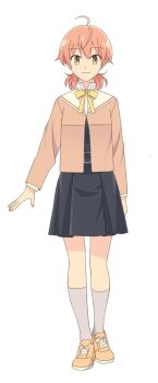 1girl ahoge black_dress brown_shirt closed_mouth collared_shirt dress full_body grey_socks highres kneehighs koito_yuu long_sleeves looking_at_viewer low_twintails neck_ribbon official_art orange_hair pleated_dress ribbon school_uniform second-party_source shirt shoes short_hair short_twintails simple_background smile sneakers socks solo standing tachi-e tohmi_higashi_high_school_uniform twintails white_background yagate_kimi_ni_naru yellow_ribbon yellow_shoes