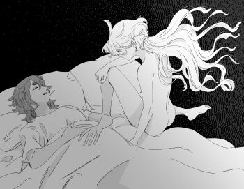 2girls absurdres commentary_request completely_nude floating_hair greyscale gundam gundam_suisei_no_majo highres korean_commentary long_hair looking_at_another miorine_rembran monochrome multiple_girls nude parted_lips pillow short_sleeves sitting snapagi suletta_mercury thick_eyebrows under_covers yuri