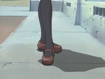 00s 1girl 2001 animated animated_gif bible_black bible_black_night_of_the_walpulgiss black_thighhighs blonde_hair breasts cleavage drill_hair drill_sidelocks green_eyes large_breasts long_hair necktie outdoors red_necktie school school_uniform shiraki_rika shirt shoes sidelocks smile solo standing suspenders tagme thighhighs