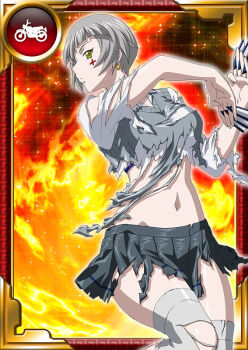 1girl bob_cut breasts card_(medium) choker expressionless female_focus grey_hair ikkitousen koshaji looking_ahead looking_at_viewer navel official_art ryona school_uniform shiny_skin short_hair simple_background skirt solo tattoo thighhighs torn_clothes torn_skirt wide_hips yellow_eyes