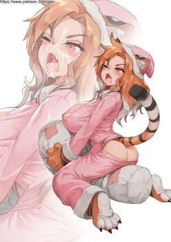 1girl animal_ears animal_hands animal_print ass blush breasts brown_eyes brown_hair bursting_breasts butt_crack commentary cum cum_on_body english_commentary facial fangs female_focus full_body gao_(gaolukchup) gloves gradient_hair grey_hair hat highres huge_breasts long_hair medium_hair multicolored_hair nipples no_bra no_panties one_eye_closed open_mouth original pajamas patreon_username paw_gloves paw_shoes punching_bag shoes solo straddling tail tears tiger_ears tiger_print tiger_tail torn_clothes watermark web_address yawning zoom_layer