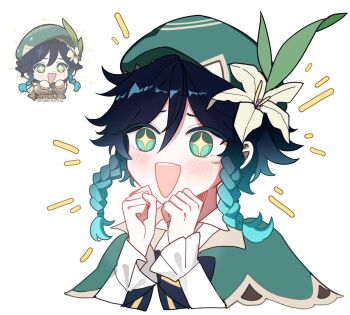 1boy androgynous annlin aqua_hair black_hair blush braid cape collared_cape derivative_work flower frilled_sleeves frills genshin_impact gradient_hair green_cape green_eyes green_headwear hands_up hat hat_flower long_sleeves meme multicolored_hair multiple_views open_mouth reference_work short_hair_with_long_locks side_braids simple_background smile sparkling_eyes twin_braids venti_(genshin_impact) white_background white_flower