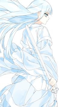 1girl back bad_source blue_eyes blue_hair chinese_clothes hanfu highres holding holding_sword holding_weapon katana long_hair long_sleeves original solo sword weapon white_background zhaoye_mimi